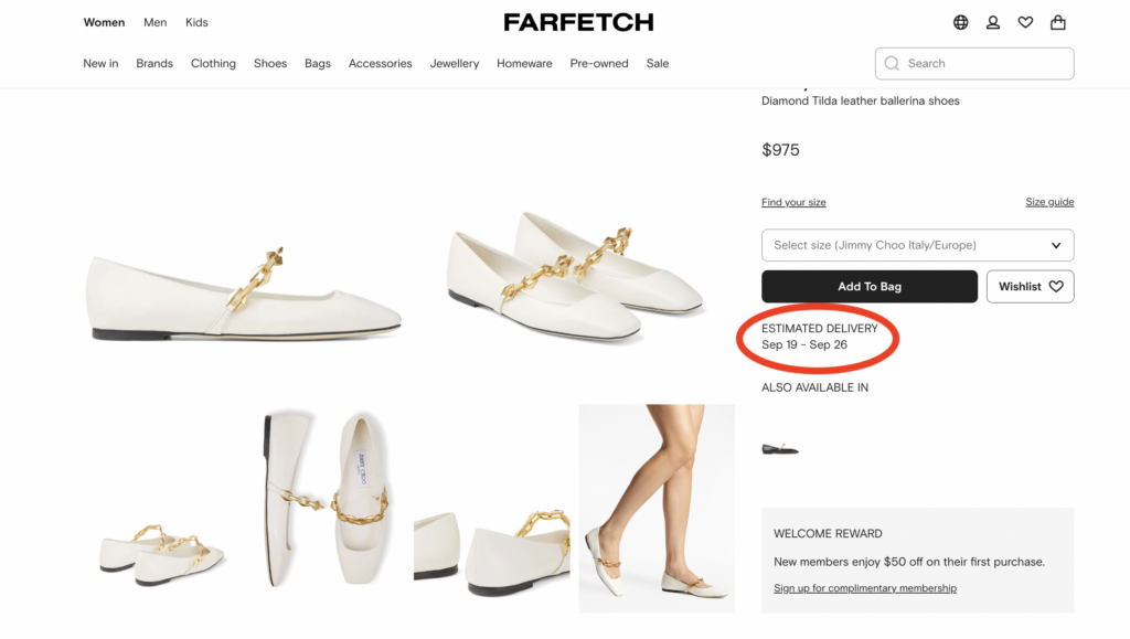 farfetch website showing white shoes with an estimated delivery date